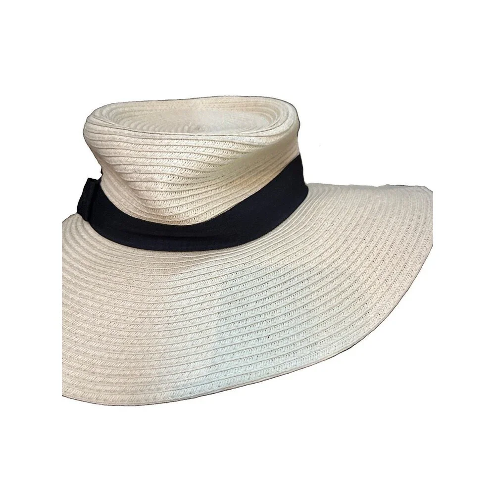 Liz Claiborne Straw Sun Hat Wide Brim Floppy Boho Black Ribbon Tan Beach NWOT